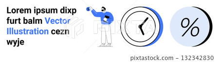 Professional figure holding a gadget, large clock with black hands, and percentage symbol. Ideal for business, finance, productivity, growth, statistics, time management, analysis. Landing page 132342830