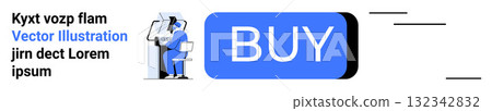 User sitting at computer desk, clicking large blue Buy button. Ideal for e-commerce, online shopping, web design, digital marketing, user interaction, online transaction, merchant services. Landing 132342832