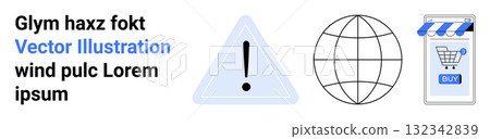 Warning sign, globe, smartphone with shopping cart and awning. Ideal for e-commerce, online shopping promotions, global business, internet security, digital marketing, mobile apps, website design 132342839