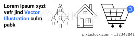 Group of people forming a network, house with a chimney, shopping cart with notification number. Ideal for community, real estate, online shopping, marketing, apps, user interface, and web design 132342841