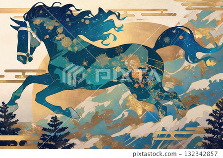 Fantastic decorative horses and mountains 132342857