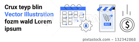 Calendar with gear icon, mobile device with shopping cart and buy button, and descending dollar symbol. Ideal for e-commerce, scheduling, online shopping, financial planning, marketing, business 132342868