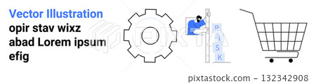 Gear symbolizing machinery, person climbing a ladder marked RISK, and shopping cart icon. Ideal for business risk management, productivity tools, industrial processes, e-commerce websites, safety Gear symbolizing machinery, person climbing a ladder marked RISK, and shopping cart icon. Ideal for business risk management, productivity tools, industrial processes, e-commerce websites, safety 132342908