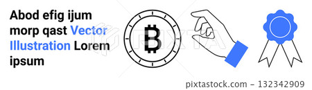 Bitcoin coin inside clock, hand with blue cuff, award ribbon, and creative typography. Ideal for finance, technology, digital currency, achievements, awards, graphic design, websites. Landing page Bitcoin coin inside clock, hand with blue cuff, award ribbon, and creative typography. Ideal for finance, technology, digital currency, achievements, awards, graphic design, websites. Landing page 132342909