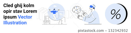 VR user in blue interacting with a brain, percentage symbol, and text blocks. Ideal for tech blogs, business analytics, innovative ideas, user interaction, presentations, marketing materials VR user in blue interacting with a brain, percentage symbol, and text blocks. Ideal for tech blogs, business analytics, innovative ideas, user interaction, presentations, marketing materials 132342932