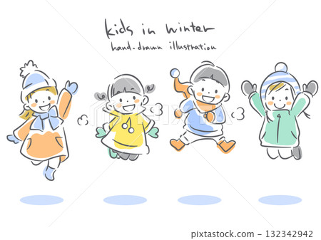 冬日里,孩子們跳躍玩耍。柔和溫暖的水彩風格手繪線條畫。 冬日里,孩子們跳躍玩耍。柔和溫暖的水彩風格手繪線條畫。 132342942