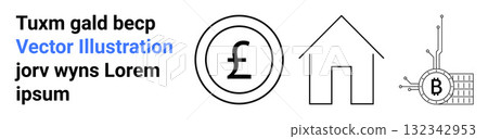 Pound sign in a circle, outline of a house, and a Bitcoin symbol on a circuit. Ideal for financial services, real estate, cryptocurrency, fintech, banking, technology articles, presentations. Landing Pound sign in a circle, outline of a house, and a Bitcoin symbol on a circuit. Ideal for financial services, real estate, cryptocurrency, fintech, banking, technology articles, presentations. Landing 132342953