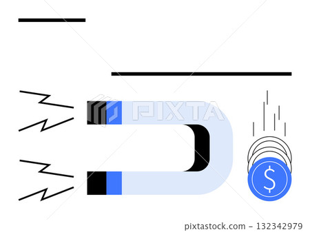 Horseshoe magnet attracting a stack of coins with a dollar sign symbolizing financial gain. Ideal for financial growth, wealth accumulation, investment strategies, business success, economic 132342979