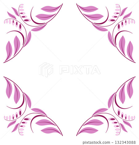 Square diagonal floral frame of curved leaves and flowers in modern style. Pink plant garland on white background. Delicate spring mandala ornament of flowers. Square diagonal floral frame of curved leaves and flowers in modern style. Pink plant garland on white background. Delicate spring mandala ornament of flowers. 132343088