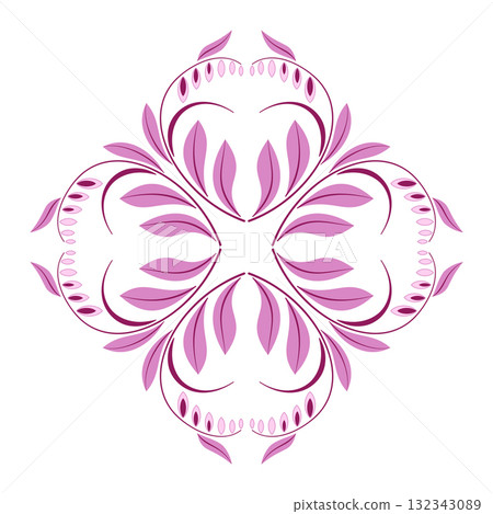 Square diagonal floral design element. Mandala of pink curved leaves and flowers in classic style. Flower mandala on white background. Delicate spring bouquet of flowers. 132343089