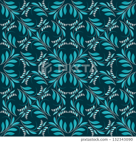 Curved flowers seamless pattern in modern style. Bright shades of sea blue colors ornament. Square monochrome floral kaleidoscope design. Dark vector mosaic tile background Curved flowers seamless pattern in modern style. Bright shades of sea blue colors ornament. Square monochrome floral kaleidoscope design. Dark vector mosaic tile background 132343090