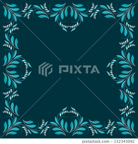 Wild flowers square frame without text. Bright shades of sea blue colors. Square monochrome floral kaleidoscope design element. Dark vector mosaic tile background 132343092