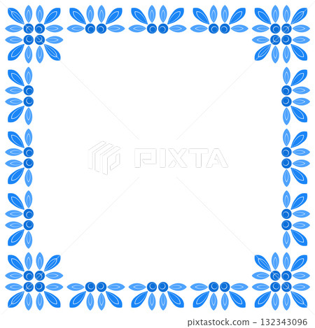 Blue ethnic floral square frame. Shades of blue flowers on white background. Design element in folklore style. Painted ceramic tiles. Square mosaic tile ornament. 132343096