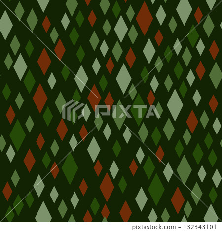 Dark green seamless geometric pattern. Random forest green rhombuses on dark green. Vector christmas ornament. Abstract background in calm colors 132343101
