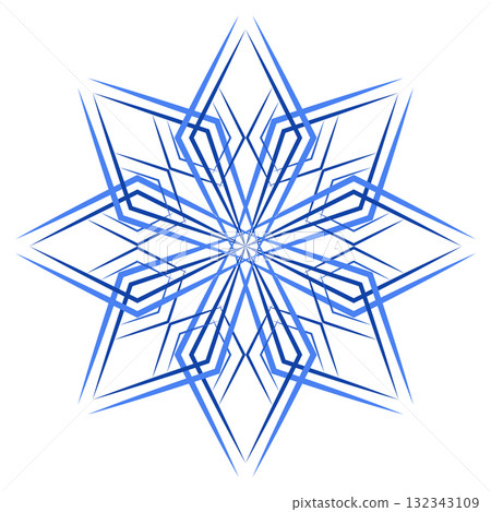 Blue ornamental geometric fantasy design element. Large ornate blue snowflake. Elegant geometric mandala star pattern. Christmas snowflake ornament 132343109