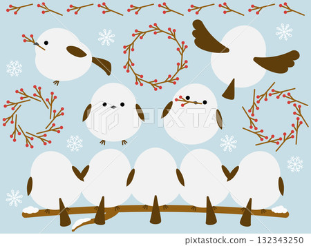 Cute long-tailed tit and decoration set 132343250
