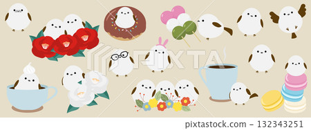 Cute long-tailed tit illustration set 132343251