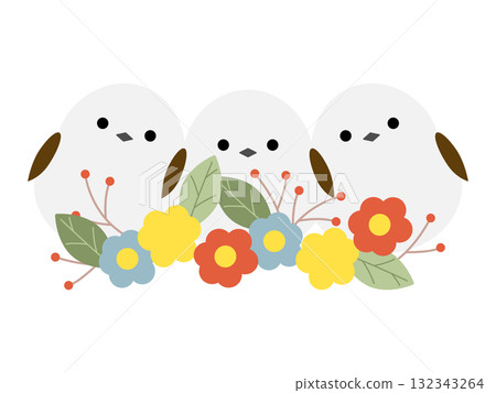 斯堪的納維亞風格的花朵和長尾山雀 132343264