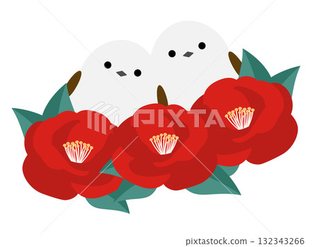 紅山茶花和長尾山雀 132343266