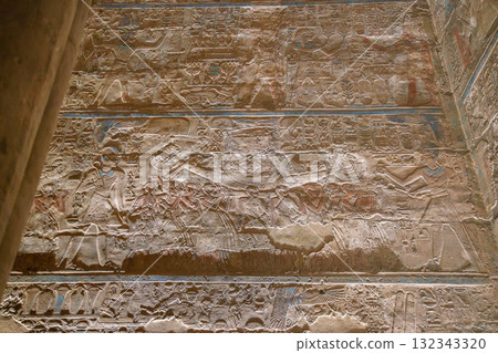 Ancient Carvings at Temple of Luxor Egypt Filmed on Spring Night Visit. 132343320