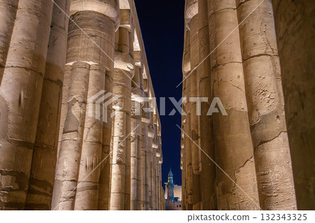 Night View of the Grand Colonnade at Temple of Luxor Egypt Ancient Pillars. 132343325