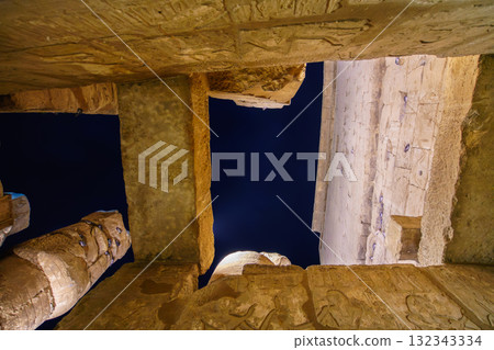 Aerial View of Illuminated Columns at Luxor Temple Egypt at Night. Aerial View of Illuminated Columns at Luxor Temple Egypt at Night. 132343334
