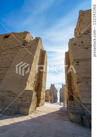 Massive pylon passageway at the ancient Karnak Temple in Luxor Egypt. 132343368