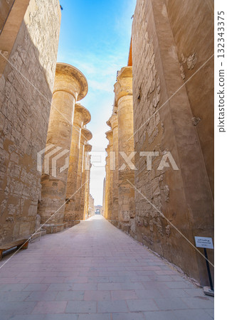 Grand column walkway in the Great Hypostyle Hall Karnak Temple Luxor Egypt. 132343375