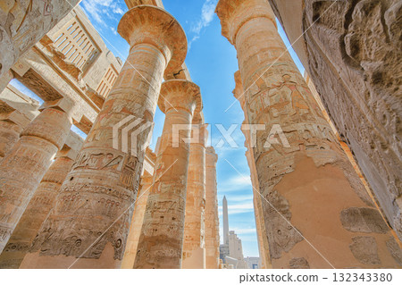 Papyrus columns and hieroglyphs in the Great Hypostyle Hall Karnak Temple Luxor. Papyrus columns and hieroglyphs in the Great Hypostyle Hall Karnak Temple Luxor. 132343380