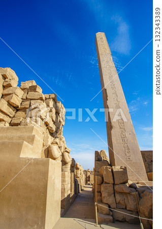 Ancient Obelisk with Hieroglyphics at Temple of Karnak in Luxor Egypt. 132343389