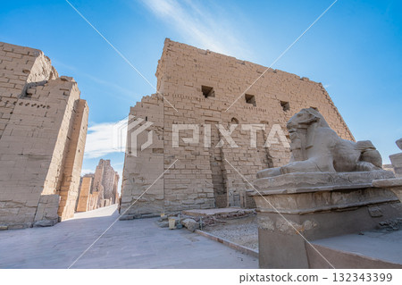 Karnak Temple Rams Headed Sphinx Avenue Blue Sky Luxor Egypt Ancient Ruins. Karnak Temple Rams Headed Sphinx Avenue Blue Sky Luxor Egypt Ancient Ruins. 132343399