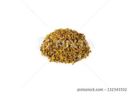 Mullein or Verbascum dried flowers heap isolated on white background. Used in herbal medicine Mullein or Verbascum dried flowers heap isolated on white background. Used in herbal medicine 132343502