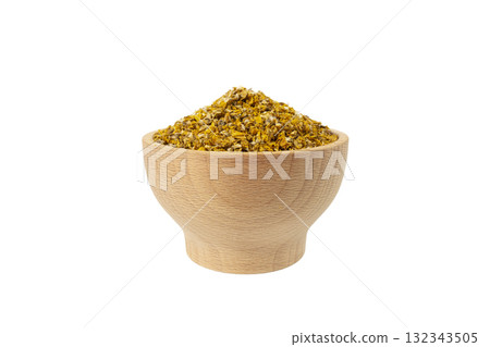 Mullein or Verbascum dried flowers in wooden bowl isolated on white background. Used in herbal medicine. Mullein or Verbascum dried flowers in wooden bowl isolated on white background. Used in herbal medicine. 132343505