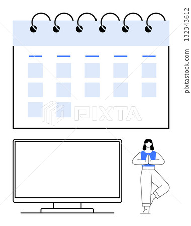 Businesswoman practicing yoga beside a desktop computer screen and a calendar. Ideal for wellness, time management, work-life balance, productivity, remote work, mental health, mindfulness. Line 132343612