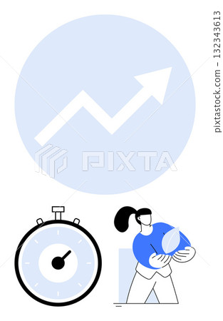 Stopwatch person holding gear, large upward arrow in blue circle. Ideal for time management, productivity, personal growth, efficiency, success strategies, goal setting opportunities. Line metaphor 132343613