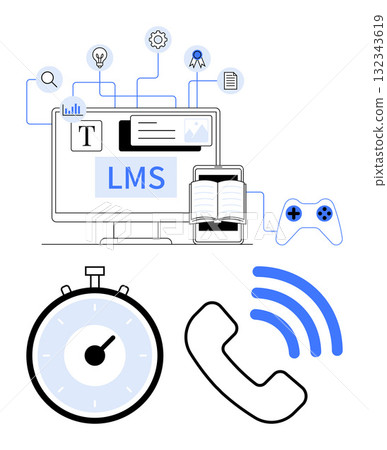 Learning management system on a computer screen book on a tablet, stopwatch, phone, and gaming controller. Ideal for education, e-learning, technology, online courses, time management Learning management system on a computer screen book on a tablet, stopwatch, phone, and gaming controller. Ideal for education, e-learning, technology, online courses, time management 132343619