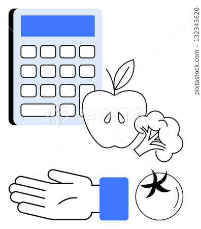 Calculator, apple, broccoli, hand with blue sleeve, tomato. Ideal for healthy diet, food tracking, portion control balanced meals nutrition advice wellness education. Line metaphor 132343620