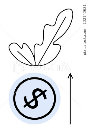 Leaf design and circular dollar sign linked with arrow. Ideal for finance, growth, sustainability, investment, economic development, prosperity, balance. Line metaphor Leaf design and circular dollar sign linked with arrow. Ideal for finance, growth, sustainability, investment, economic development, prosperity, balance. Line metaphor 132343621