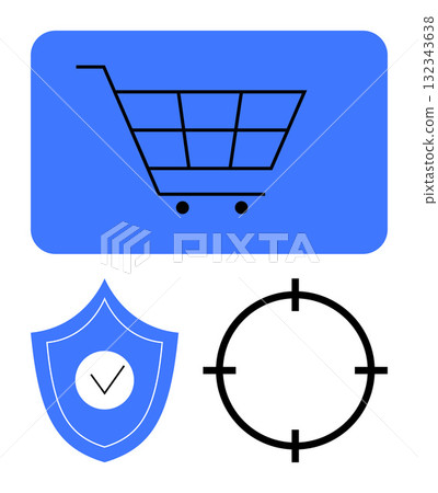 Shopping cart inside blue rectangle at top, security shield with checkmark, and target icon at bottom. Ideal for e-commerce, security, shopping apps, business, online stores, protection targeting Shopping cart inside blue rectangle at top, security shield with checkmark, and target icon at bottom. Ideal for e-commerce, security, shopping apps, business, online stores, protection targeting 132343638