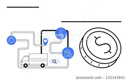 Delivery truck following route on map with location and search icons, connecting various industrial sites. Dollar coin illustrating financial aspect. Ideal for logistics, transportation, supply Delivery truck following route on map with location and search icons, connecting various industrial sites. Dollar coin illustrating financial aspect. Ideal for logistics, transportation, supply 132343641
