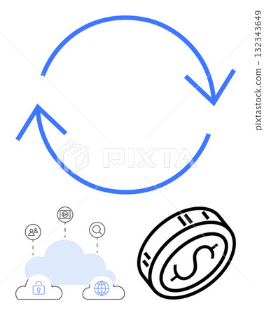 Circular arrow in blue, cloud storage icons with social, lock and globe symbols, and dollar coin indicating data synchronization and financial flow. Ideal for finance, cloud computing, data Circular arrow in blue, cloud storage icons with social, lock and globe symbols, and dollar coin indicating data synchronization and financial flow. Ideal for finance, cloud computing, data 132343649