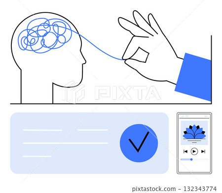 A hand gently untangling a messy brain thread, illustrating mental clarity. Includes a checklist and calming app interface. Ideal for mental health, therapy, mindfulness, meditation, wellbeing A hand gently untangling a messy brain thread, illustrating mental clarity. Includes a checklist and calming app interface. Ideal for mental health, therapy, mindfulness, meditation, wellbeing 132343774