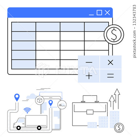 Financial table with currency sign, calculator, delivery truck, business briefcase, and growth arrows. Ideal for finance, logistics, business growth, transportation data analysis investment 132343783