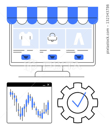 Online store interface with clothing, accessories, and add-to-cart buttons on a monitor. Sales chart display and gear icon with check mark. Ideal for e-commerce, online shopping, product management 132343786