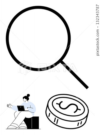 Magnifying glass, seated woman using a laptop, and a dollar coin. Ideal for business strategy, financial analysis, online learning, investment research, work-study balance, currency evaluation 132343787