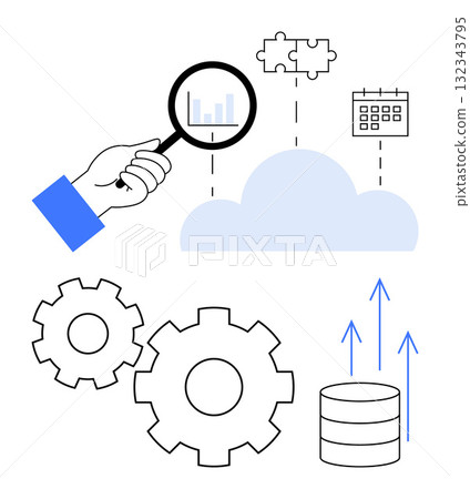 Hand using magnifying glass over bar chart, cloud with puzzle and calendar, gears, arrows pointing up, database. Ideal for cloud computing, data analysis, system integration, project planning 132343795