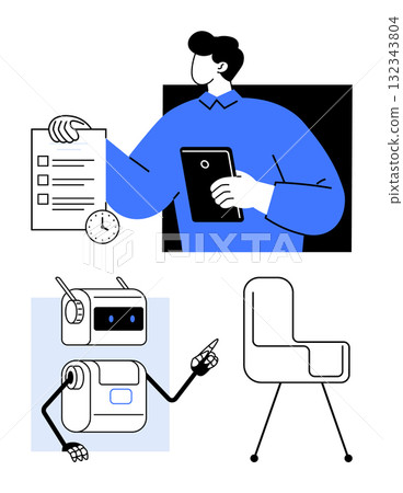 Business professional with checklist, clock, and tablet robot with pointing gesture modern chair. Ideal for time management, productivity, innovation, technology, work-life balance, office culture Business professional with checklist, clock, and tablet robot with pointing gesture modern chair. Ideal for time management, productivity, innovation, technology, work-life balance, office culture 132343804