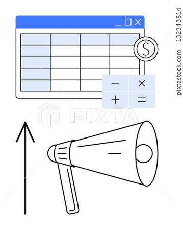 Financial spreadsheet with calculator icon and dollar sign, growth arrow, and megaphone. Ideal for finance, business strategy, marketing, data analysis, investment, growth tactics and economic Financial spreadsheet with calculator icon and dollar sign, growth arrow, and megaphone. Ideal for finance, business strategy, marketing, data analysis, investment, growth tactics and economic 132343814