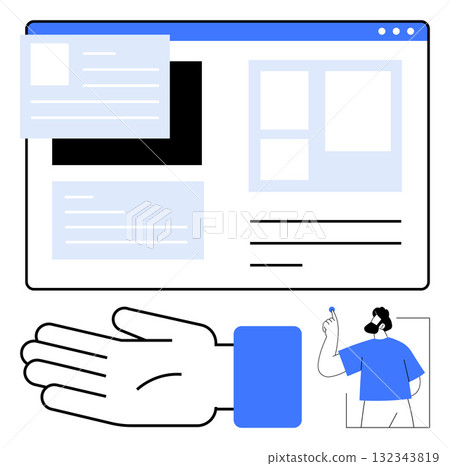 Computer screen layout with text boxes, image placeholders, pop-up elements, and lines. Hand extending for interaction. Character portrait. Ideal for web design, UIUX, technology creative sessions Computer screen layout with text boxes, image placeholders, pop-up elements, and lines. Hand extending for interaction. Character portrait. Ideal for web design, UIUX, technology creative sessions 132343819