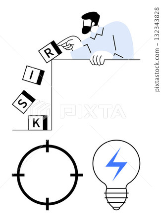 Businessman topples blocks spelling RISK off a ledge, aiming to hit a target symbol and illuminated lightbulb below. Ideal for business strategy, risk management, innovation, leadership 132343828